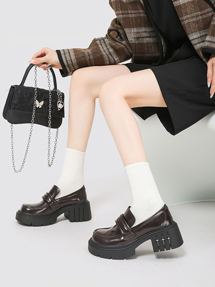 Women’s Coffee Cowhide Round Toe Lug Sole Platform Chunky Heels Studded Detail Loafers (6)