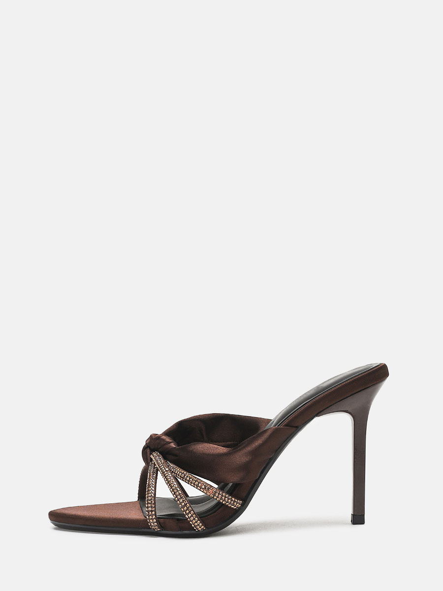 Women’s Coffee Fabric Rhinestone Knotted Strappy Stiletto Heels Open Toe Sandals