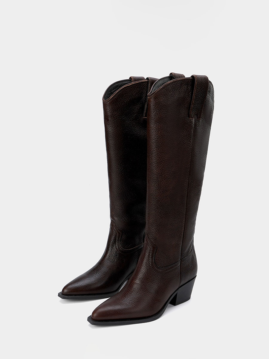 Women’s Coffee Microfiber Leather Pointed Toe Low Block Heels Knee High Western Boots (1)