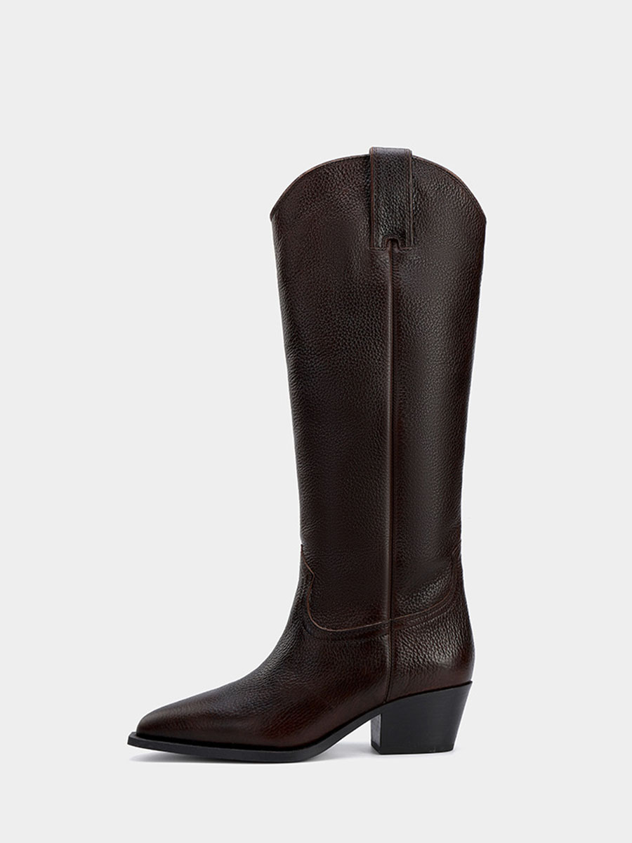 Women’s Coffee Microfiber Leather Pointed Toe Low Block Heels Knee High Western Boots