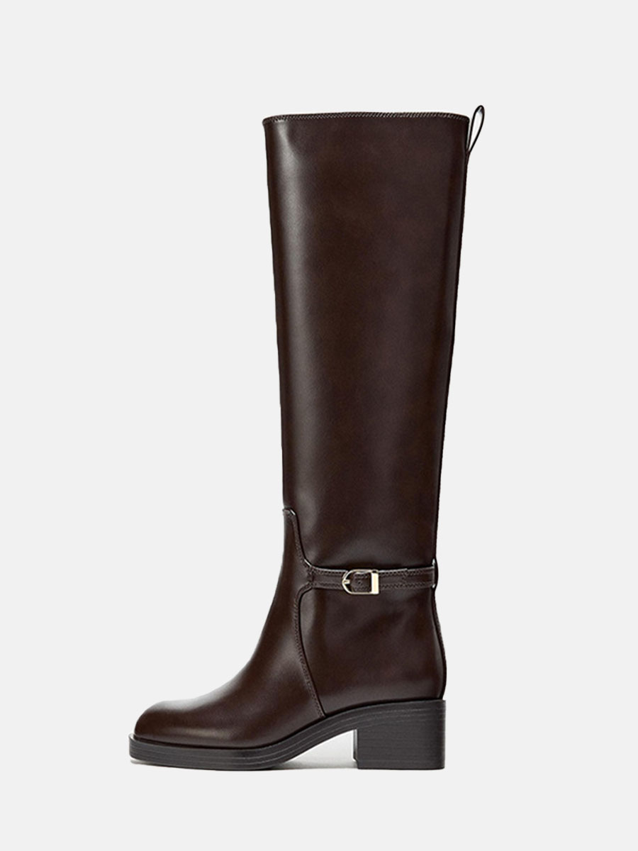 Women’s Coffee Patent Leather Buckle Strap Round Toe Block Heels Knee High Boots
