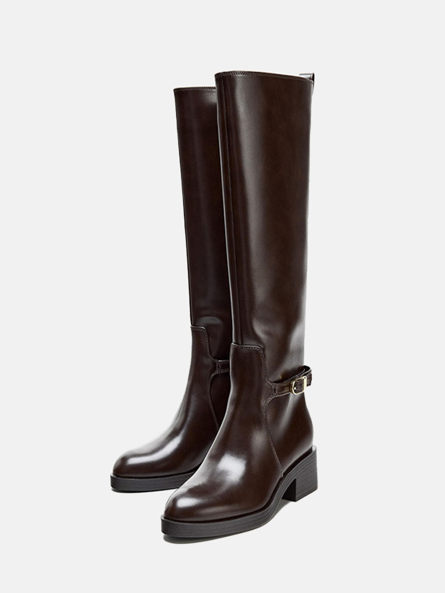 Women’s Coffee Patent Leather Buckle Strap Round Toe Block Heels Knee High Boots (4)