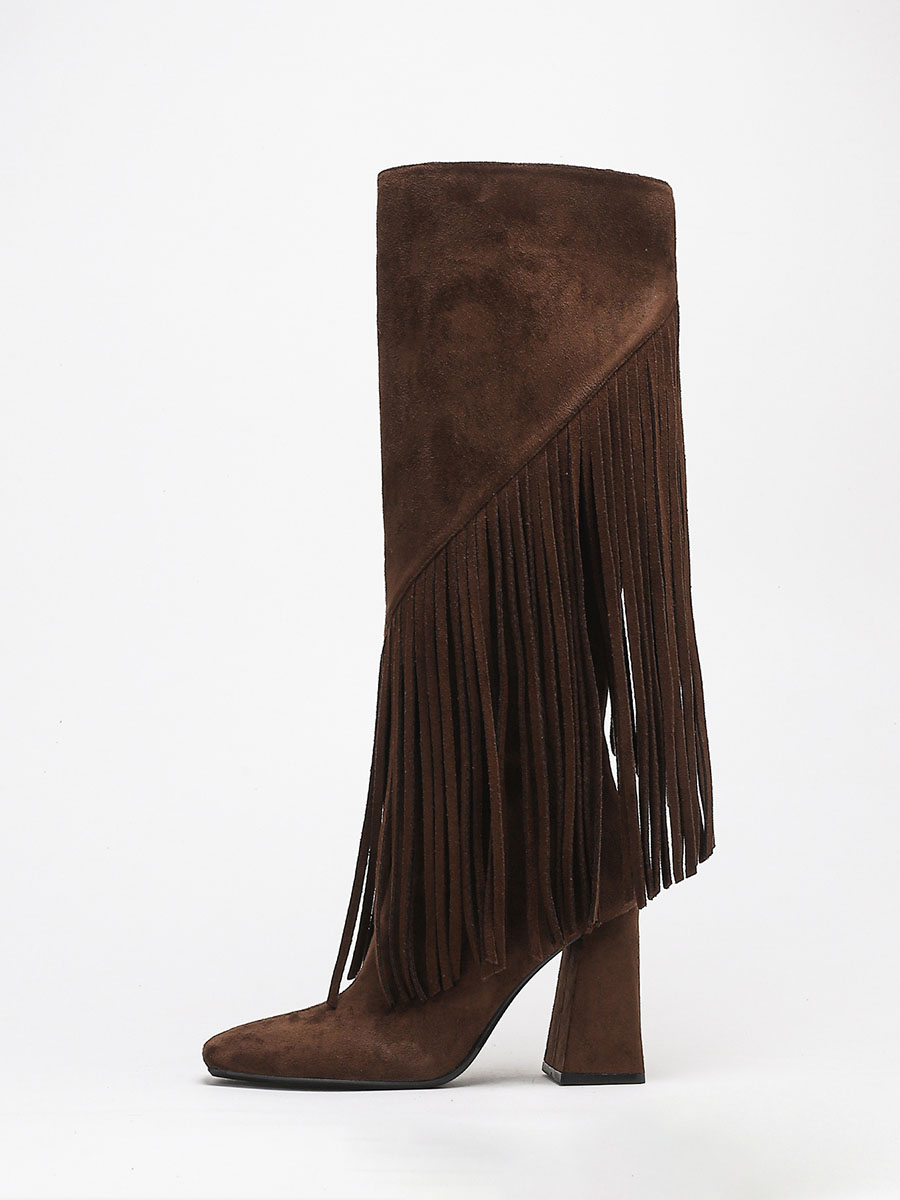 Women’s Coffee Suede Side Zipper Fringe Square Toe Block Heels Knee High Boots