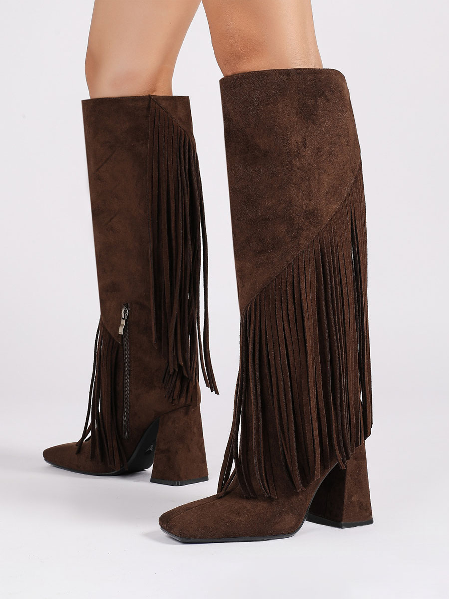 Women’s Coffee Suede Side Zipper Fringe Square Toe Block Heels Knee High Boots (4)