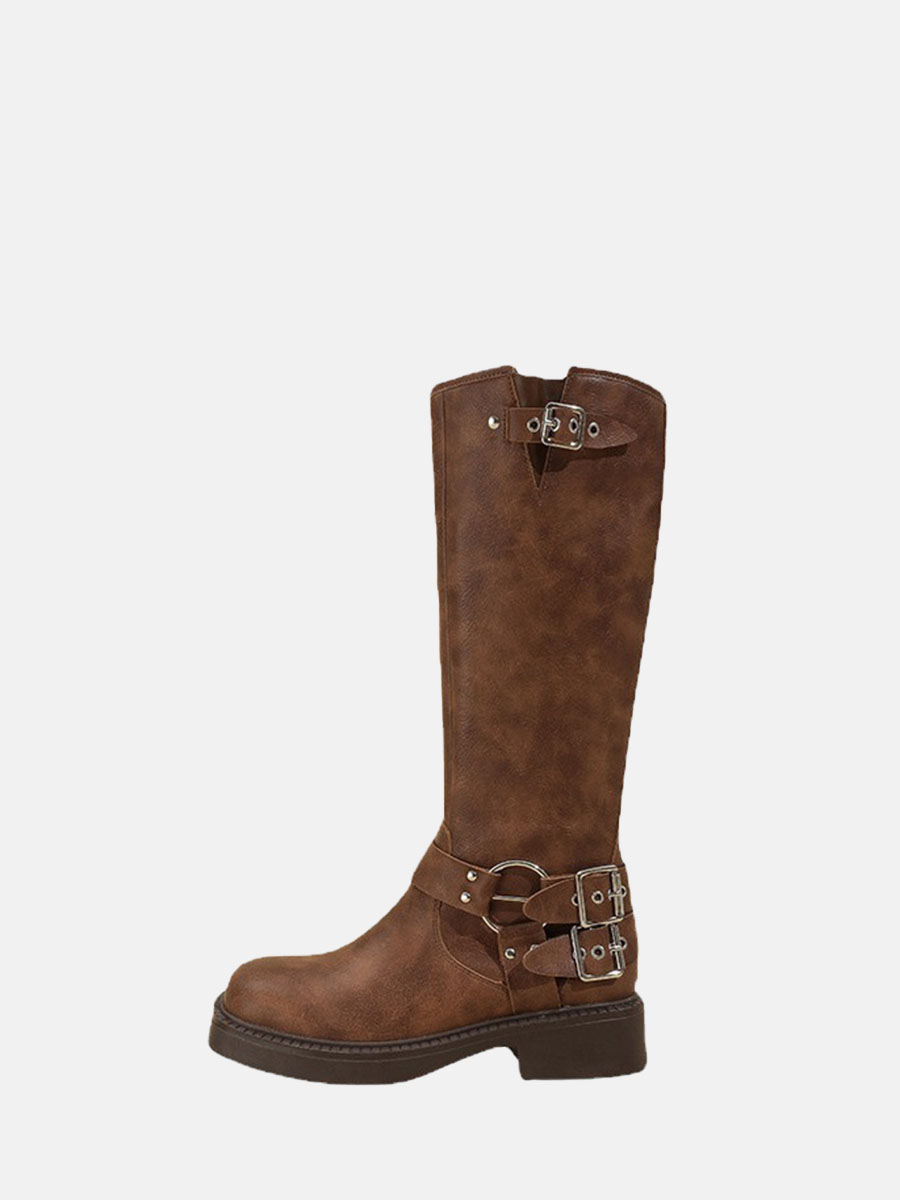 Women’s Cowhide Leather Round Toe Block Heels Buckle Strap Knee High Boots