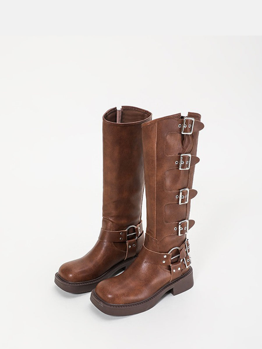 Women’s Cowhide Leather Round Toe Block Heels Buckle Strap Knee High Boots (2)