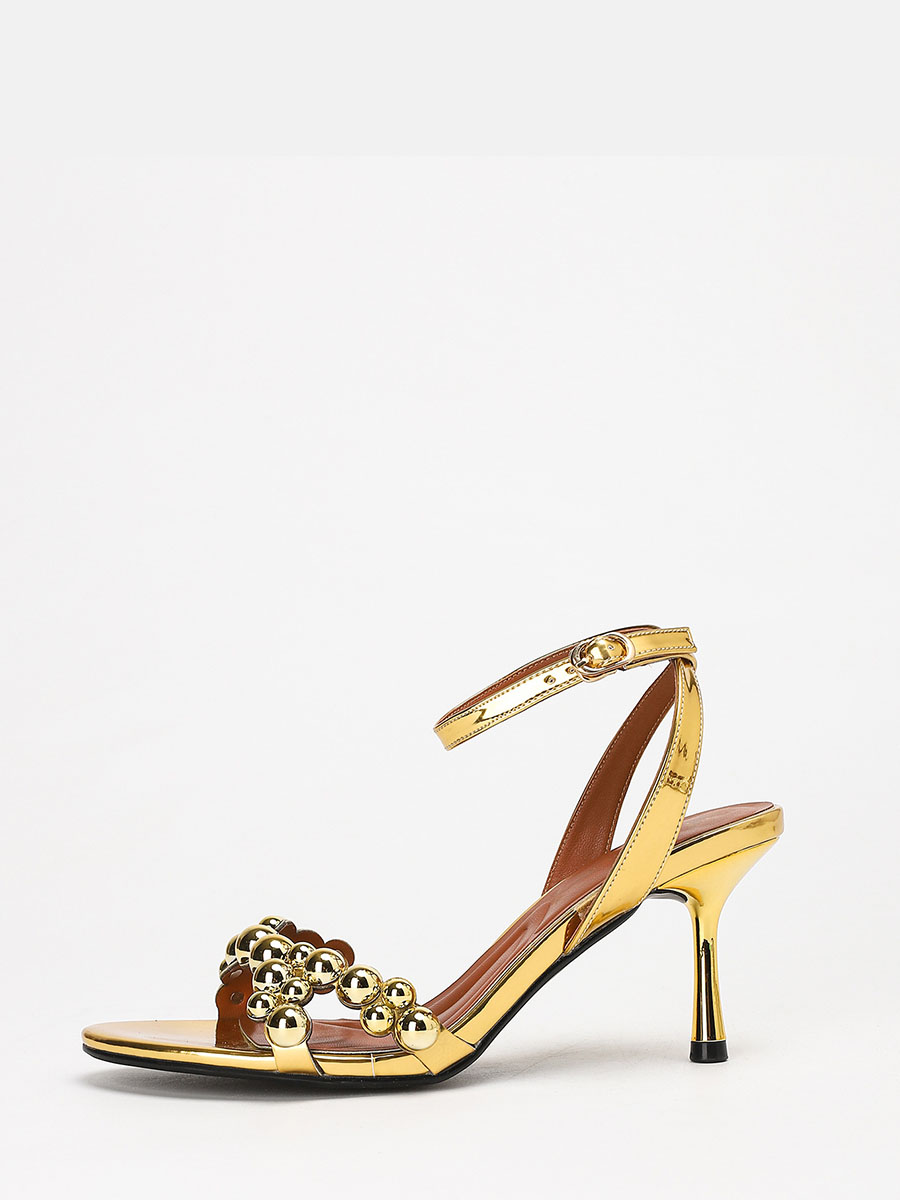 Women’s Gold Gloss Synthetic Ankle Strap Stiletto Heels Beaded Open Toe Sandals