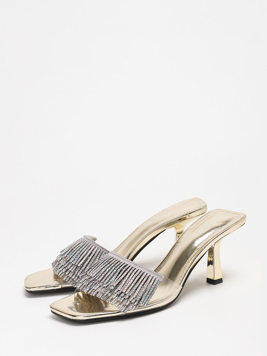 Women’s Gold Matte PU Clear Upper Rhinestone Tassel Stiletto Heels Slide Square Toe Sandals (2)