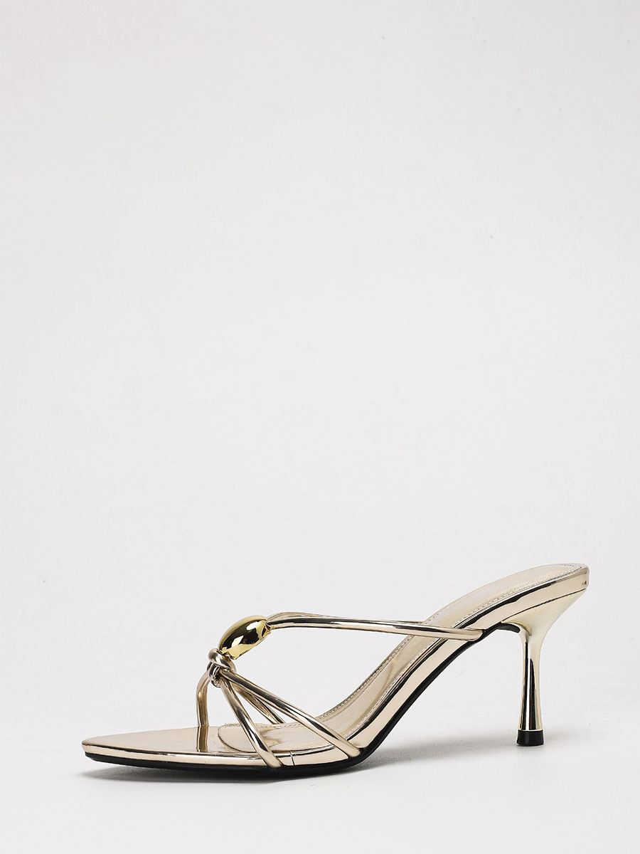 Women’s Gold Mirror Synthetic Leather Metal Design Cut-Out Stiletto Heels Open Toe Sandals