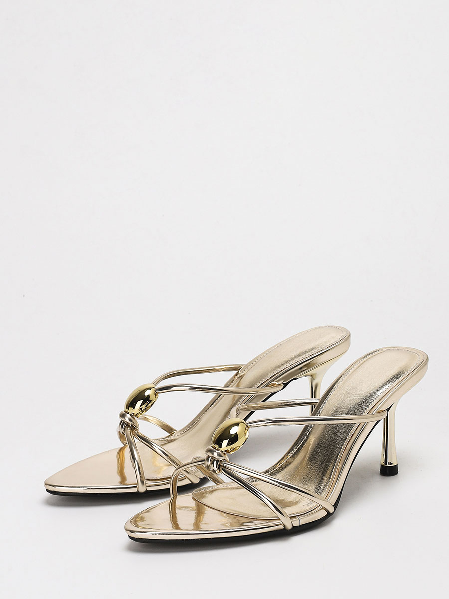 Women’s Gold Mirror Synthetic Leather Metal Design Cut-Out Stiletto Heels Open Toe Sandals (2)
