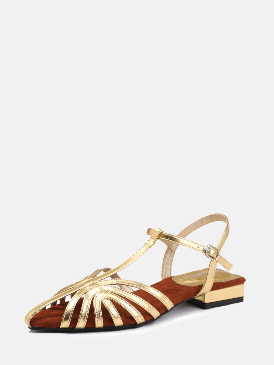 Women’s Gold PU Strappy T-Strap Buckle Low Block Heels Pointed Toe Gladiator Sandals