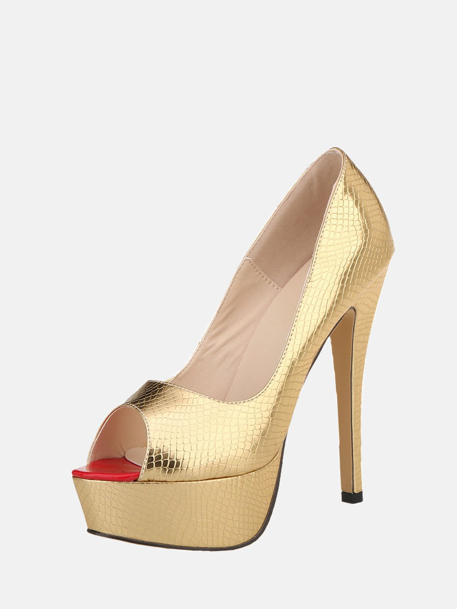 Women’s Gold Patent PU Crocodile Embossed Peep Toe Platform Stiletto Heels Wedding Pumps