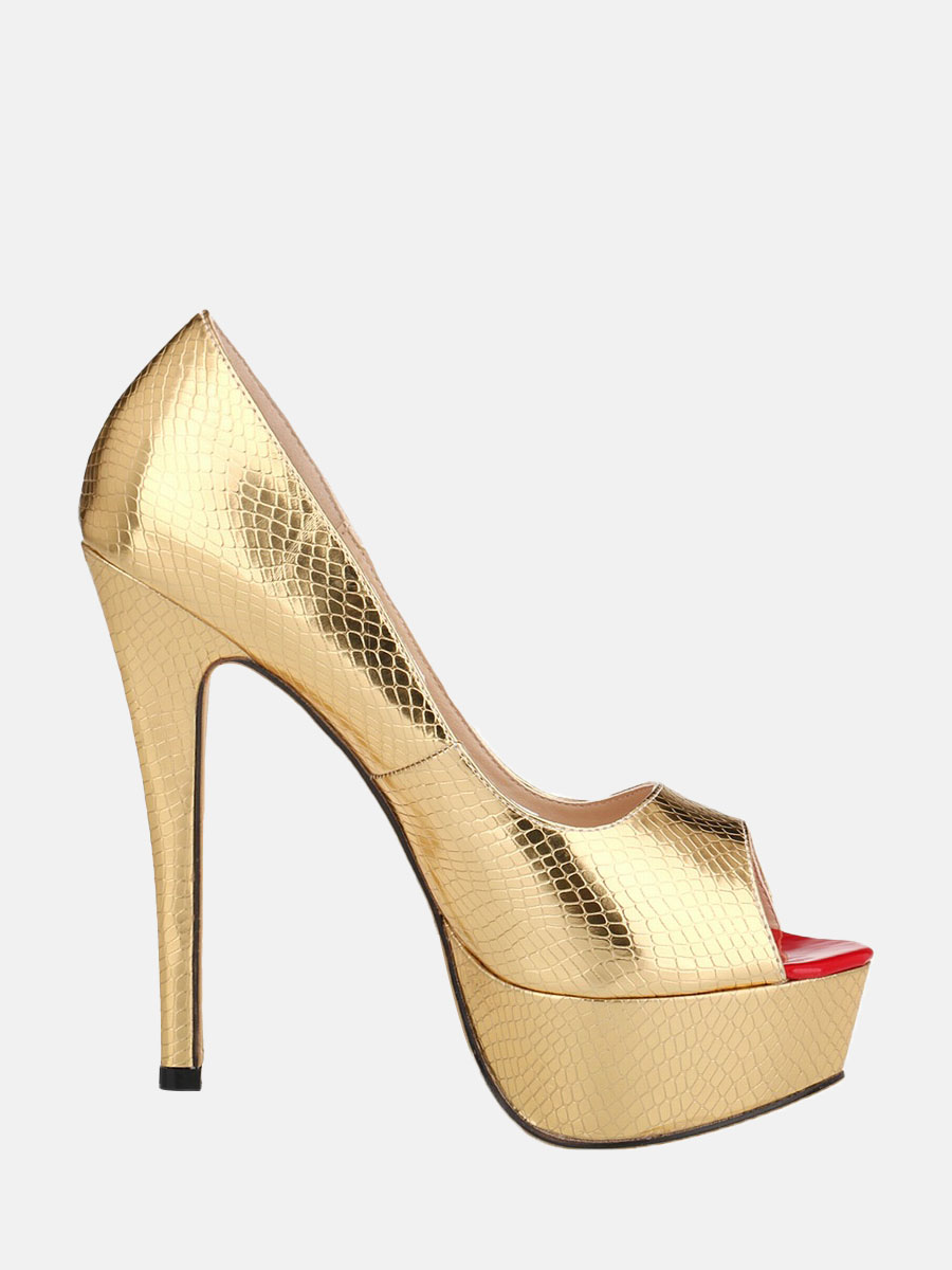 Women’s Gold Patent PU Crocodile Embossed Peep Toe Platform Stiletto Heels Wedding Pumps (5)