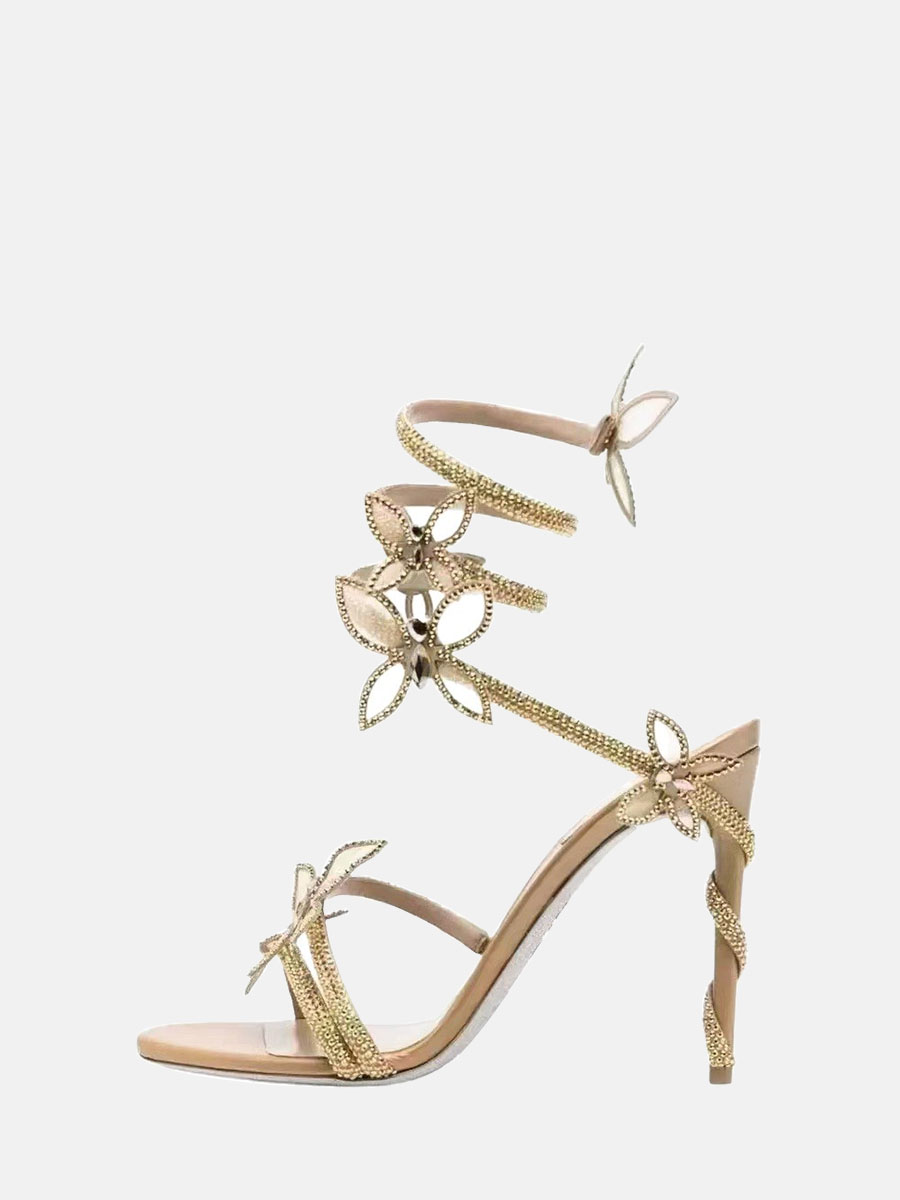 Women’s Gold Satin Rhinestone Bows Strappy Stiletto Heels Open Toe Sandals