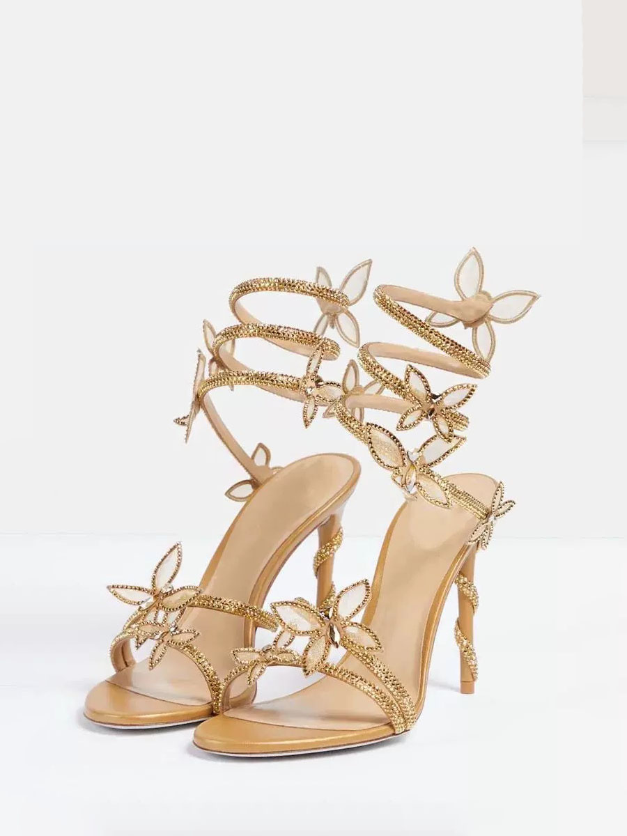 Women’s Gold Satin Rhinestone Bows Strappy Stiletto Heels Open Toe Sandals (2)