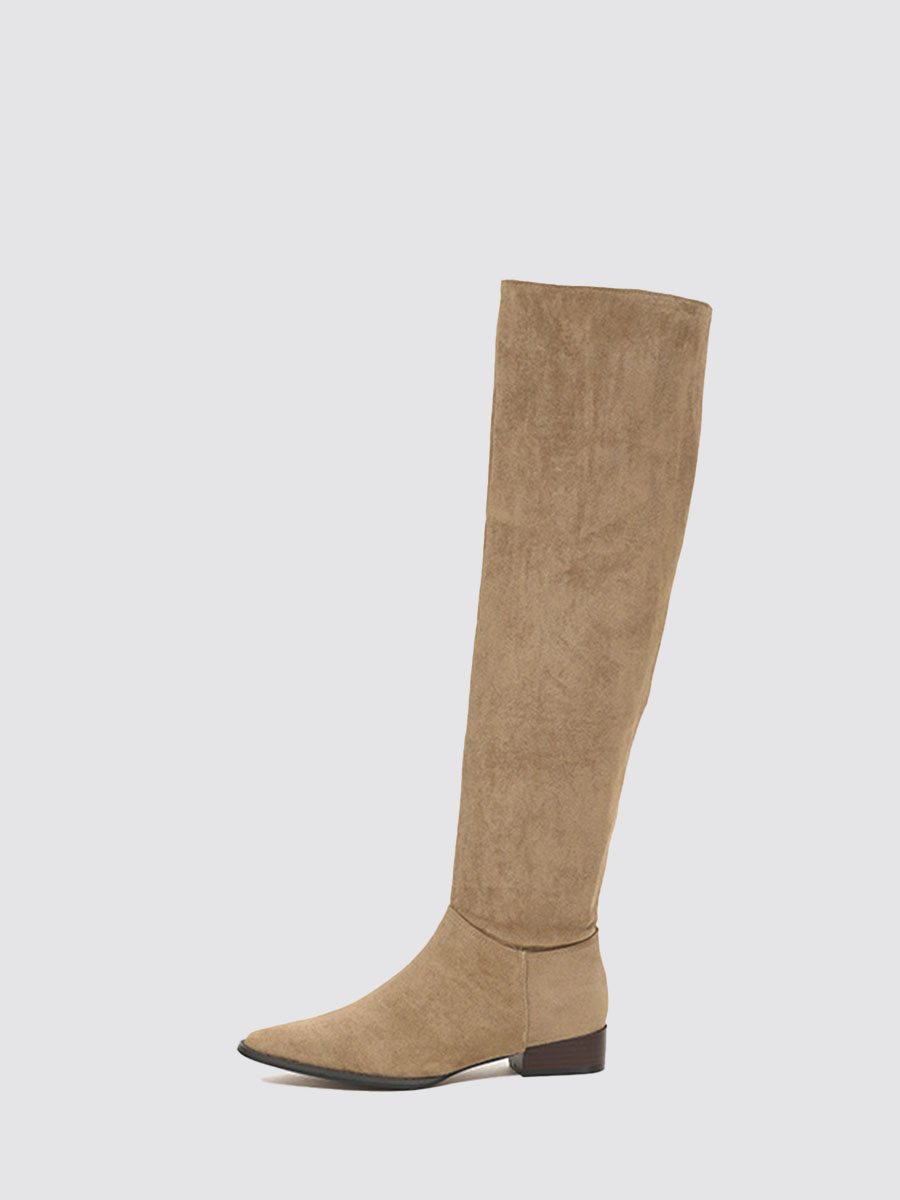 Women’s Khaki Suede Cowhide Pointed Toe Low Block Heels Slouchy Knee High Boots