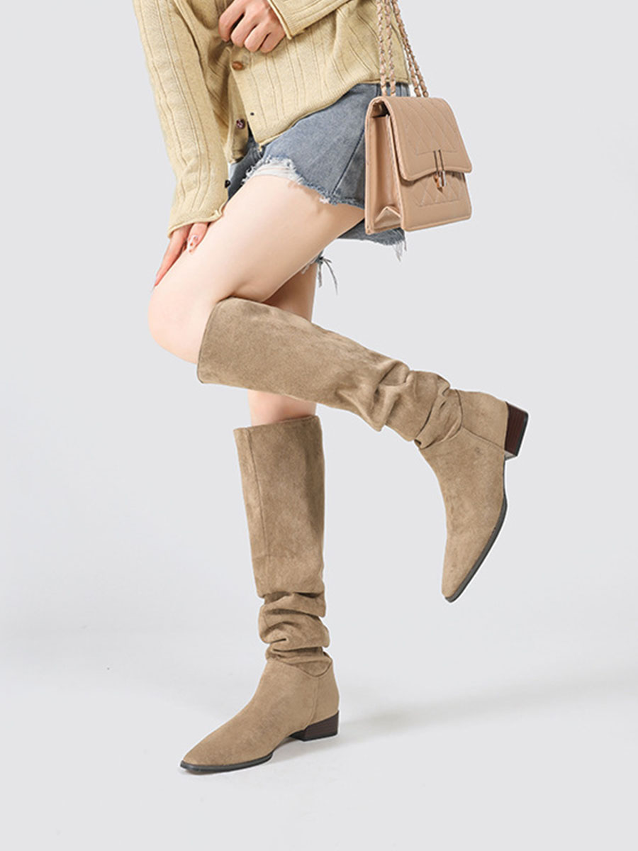Women’s Khaki Suede Cowhide Pointed Toe Low Block Heels Slouchy Knee High Boots (5)