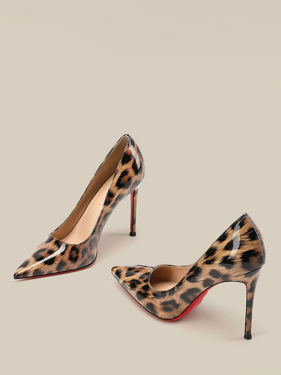 Women’s Leopard Print Patent Leather Stiletto Heels Pumps Pointed Toe
