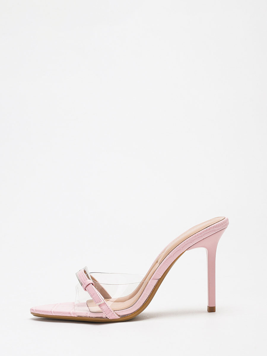 Women’s Light Pink Crocodile Embossed PU Buckle Stiletto Heels Open Toe Clear Mules