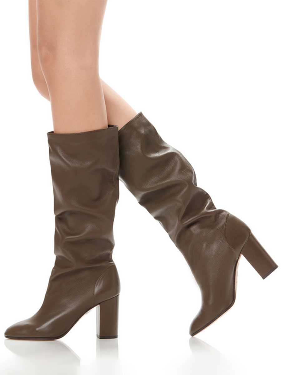 Women’s Matte PU Rubber Sole Block Heels Pointed Toe Mid Calf Boots (1)