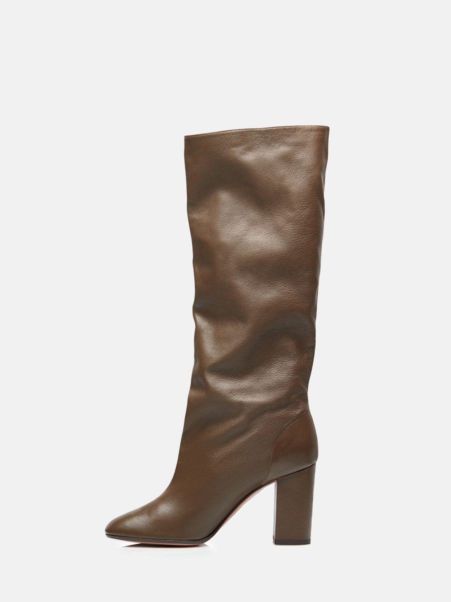 Women’s Matte PU Rubber Sole Block Heels Pointed Toe Mid Calf Boots