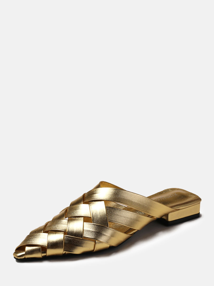 Women’s Metallic Gold Woven PU Pointed Toe Block Heels Mules
