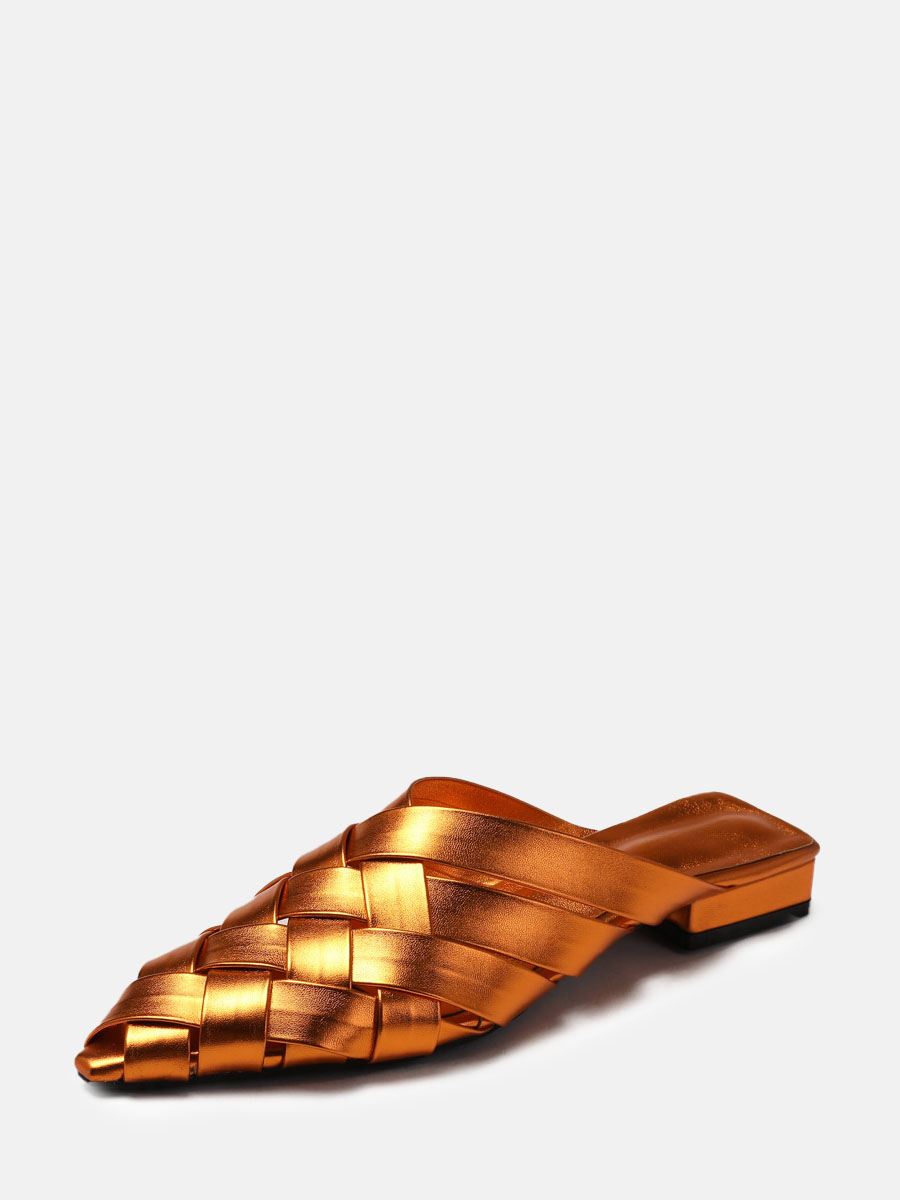 Women’s Metallic Orange Woven PU Pointed Toe Block Heels Mules