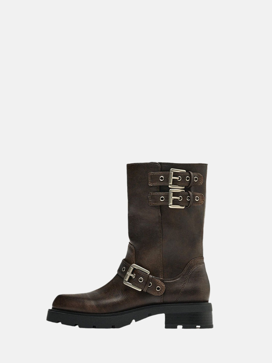 Women’s Microfiber Leather Buckle Round Toe Block Heels Mid Calf Boots