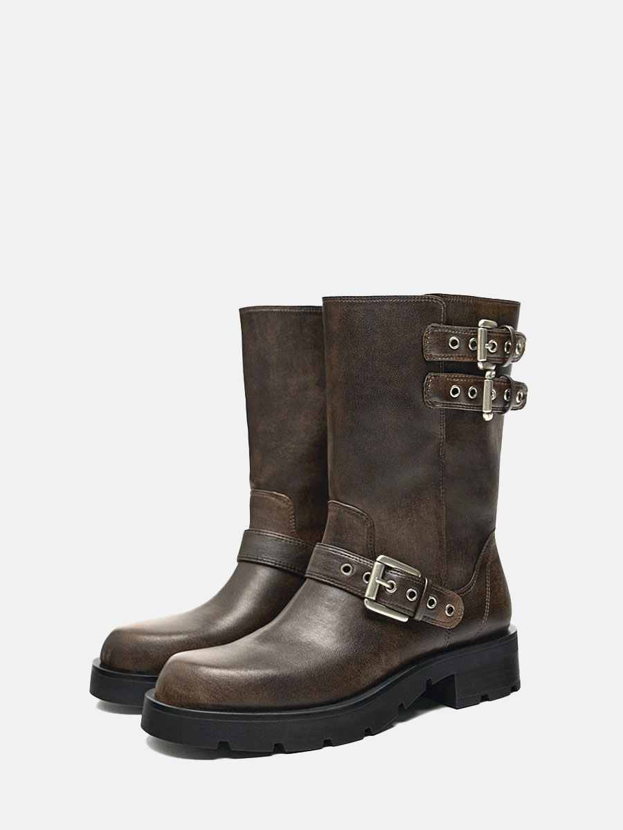 Women’s Microfiber Leather Buckle Round Toe Block Heels Mid Calf Boots (2)