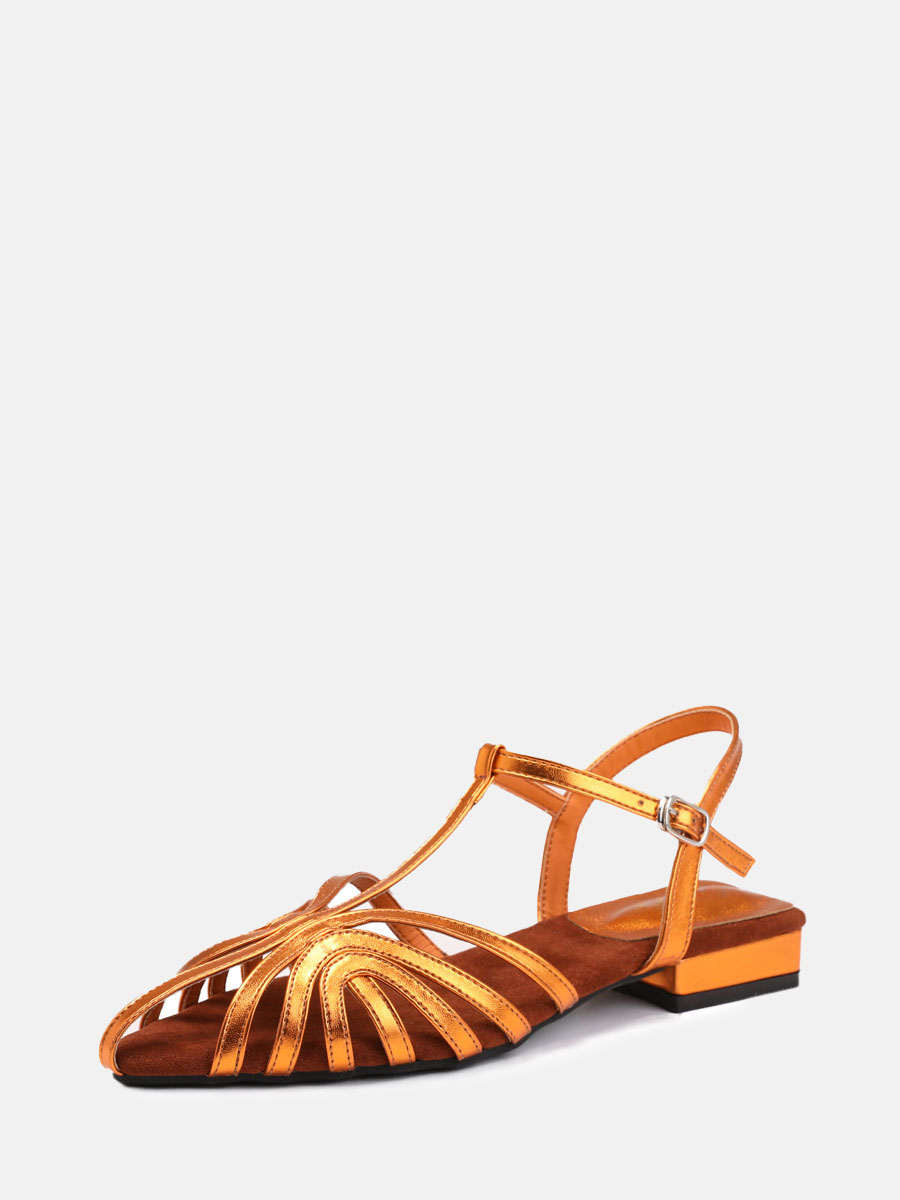 Women’s Orange PU Strappy T-Strap Buckle Low Block Heels Pointed Toe Gladiator Sandals