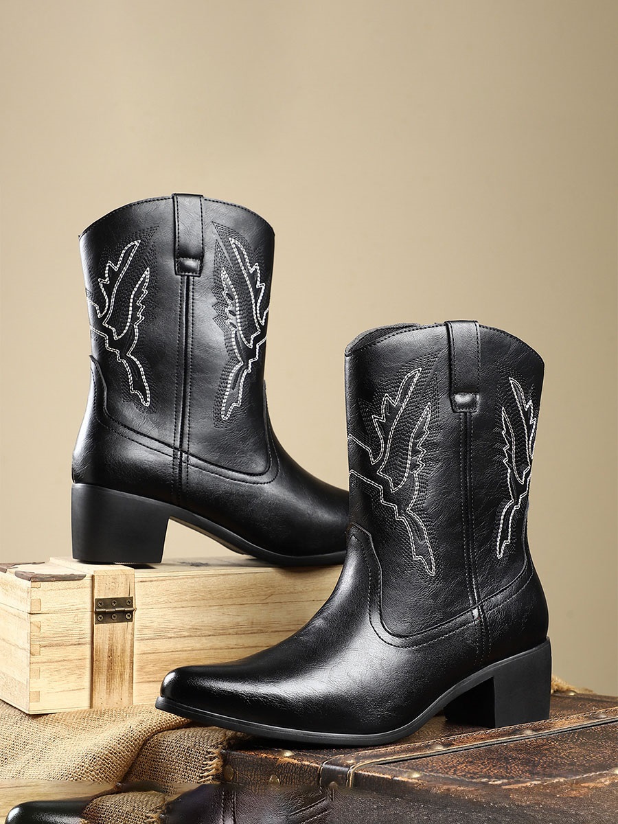 Women’s PU Pointed Toe Embroidery Block Heels Western Boots (1)