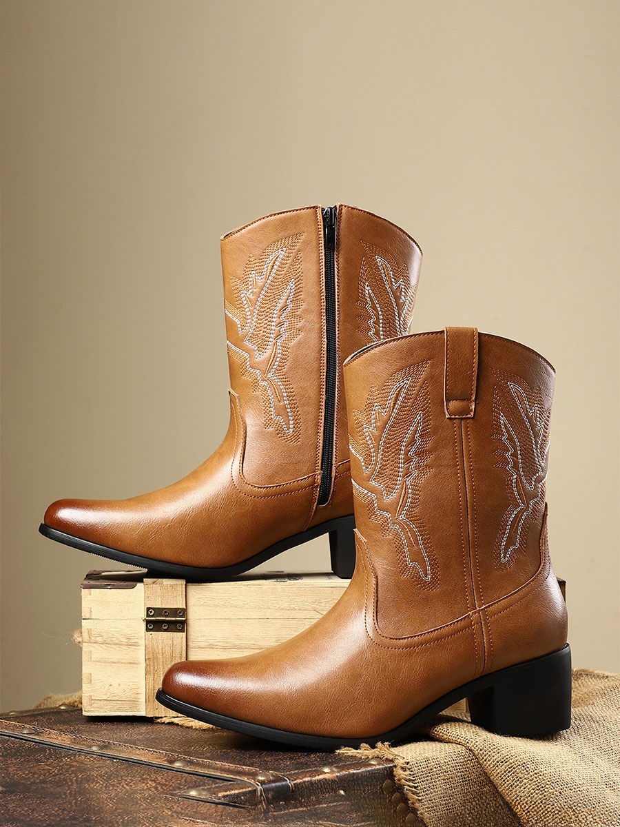 Women’s Tan PU Leather Side Zipper Pointed Toe Embroidery Low Block Heels Mid Calf Western Boots