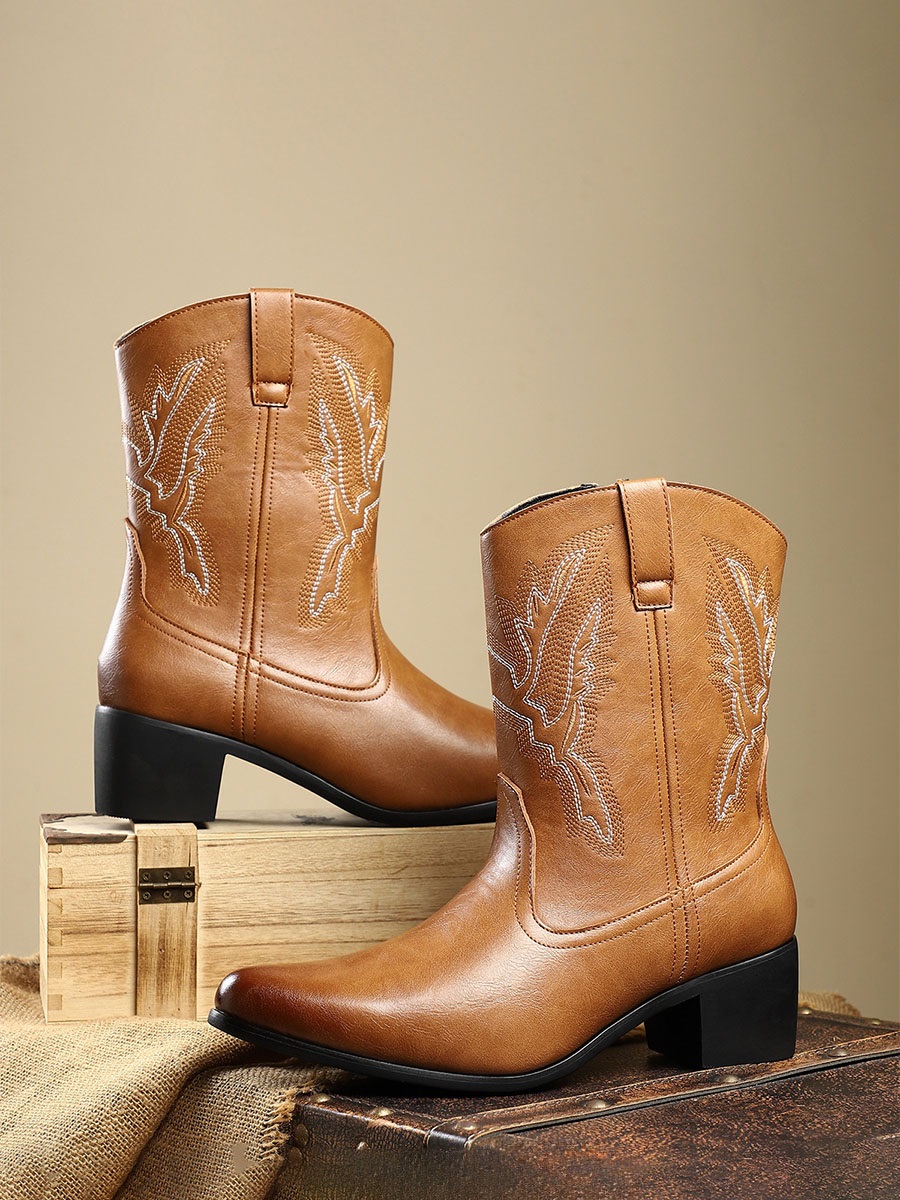 Women’s PU Pointed Toe Embroidery Block Heels Western Boots (15)