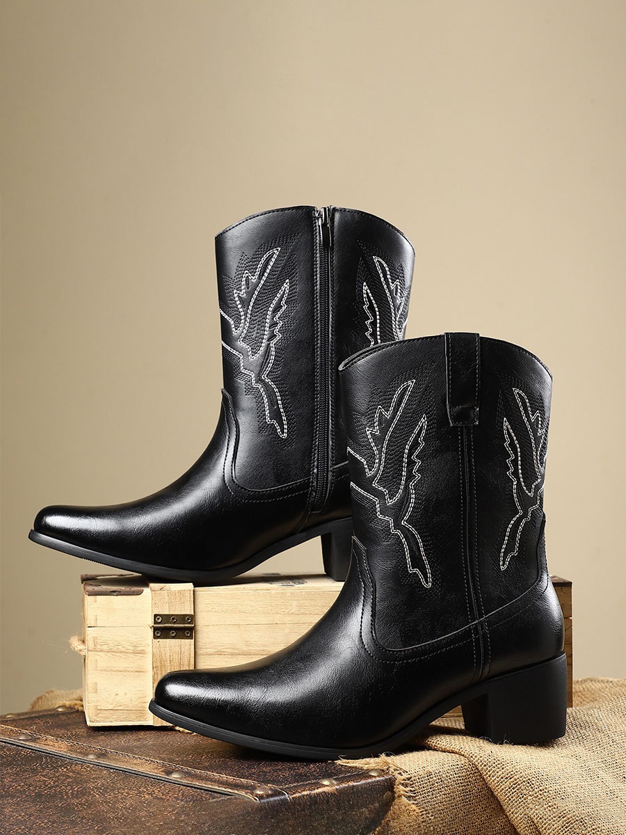 Women’s Black PU Leather Side Zipper Pointed Toe Embroidery Low Block Heels Mid Calf Western Boots