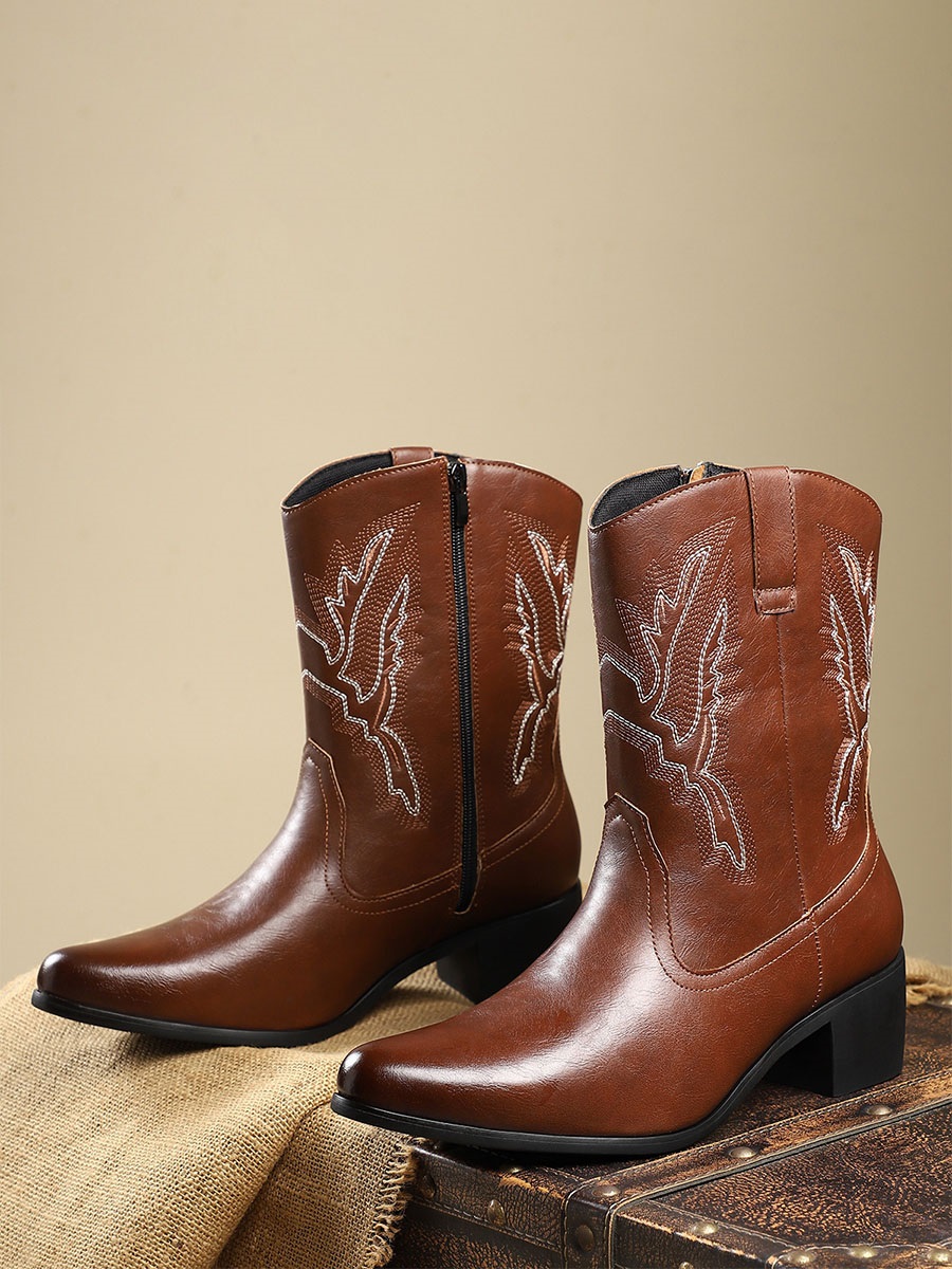 Women’s Coffee PU Leather Side Zipper Pointed Toe Embroidery Low Block Heels Mid Calf Western Boots