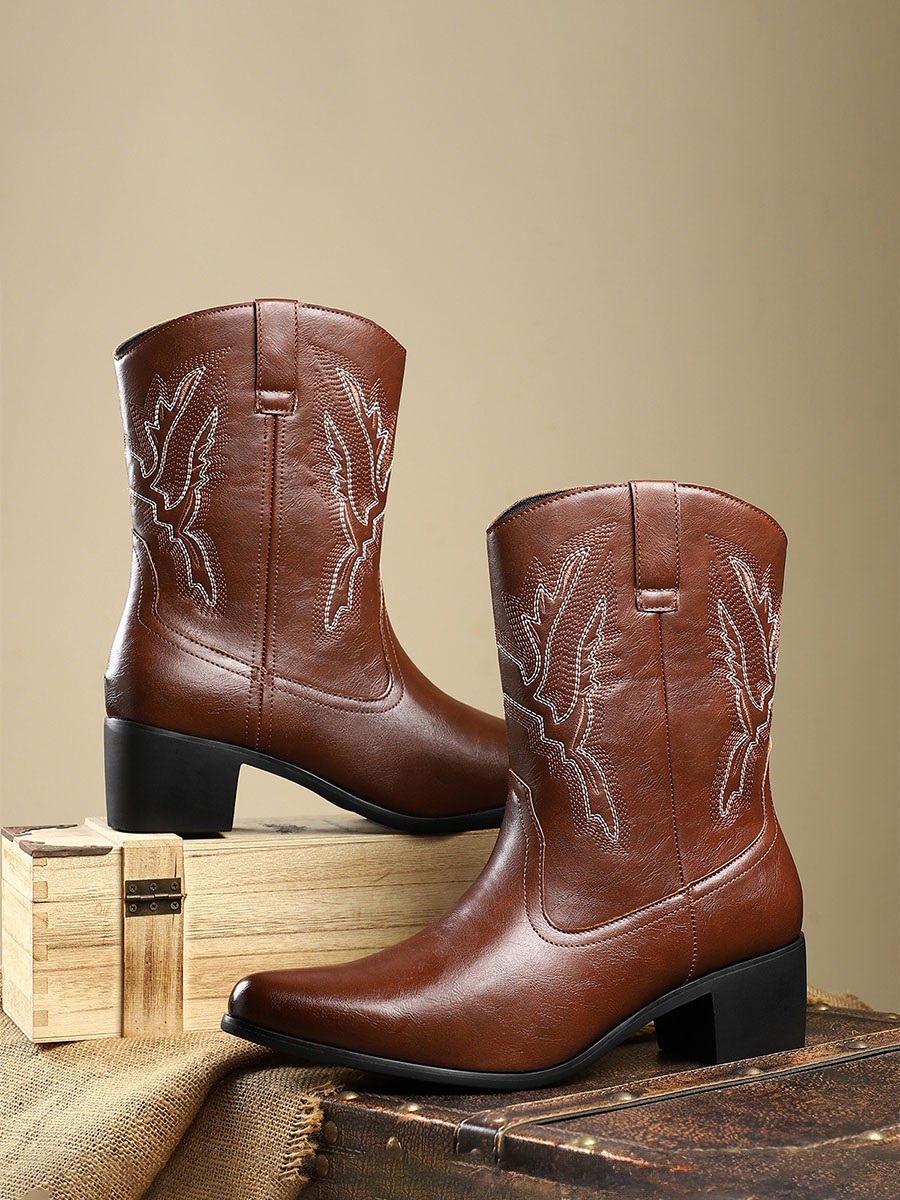 Women’s PU Pointed Toe Embroidery Block Heels Western Boots (8)