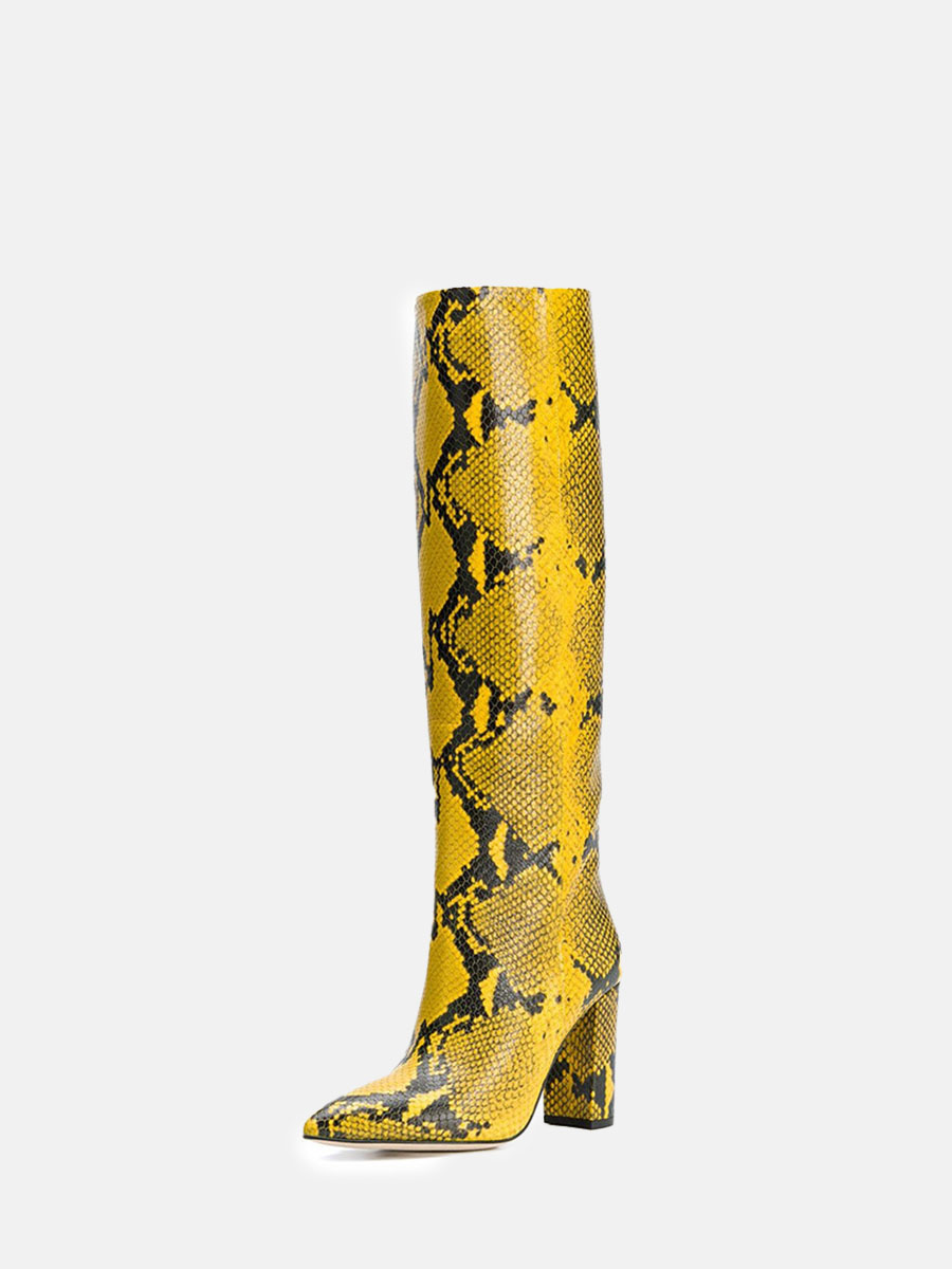 Women’s PU Python Print Block Heels Pointed Toe Knee High Boots (1)