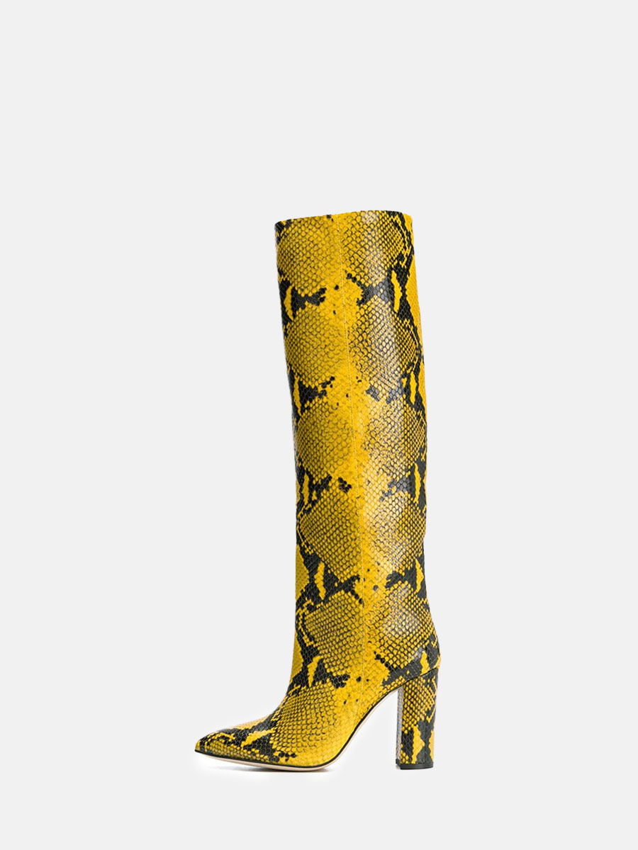 Women’s PU Python Print Block Heels Pointed Toe Knee High Boots