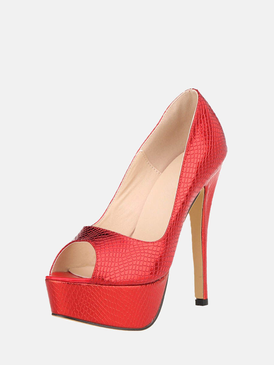 Women’s Red Patent PU Crocodile Embossed Peep Toe Platform Stiletto Heels Wedding Pumps (2)