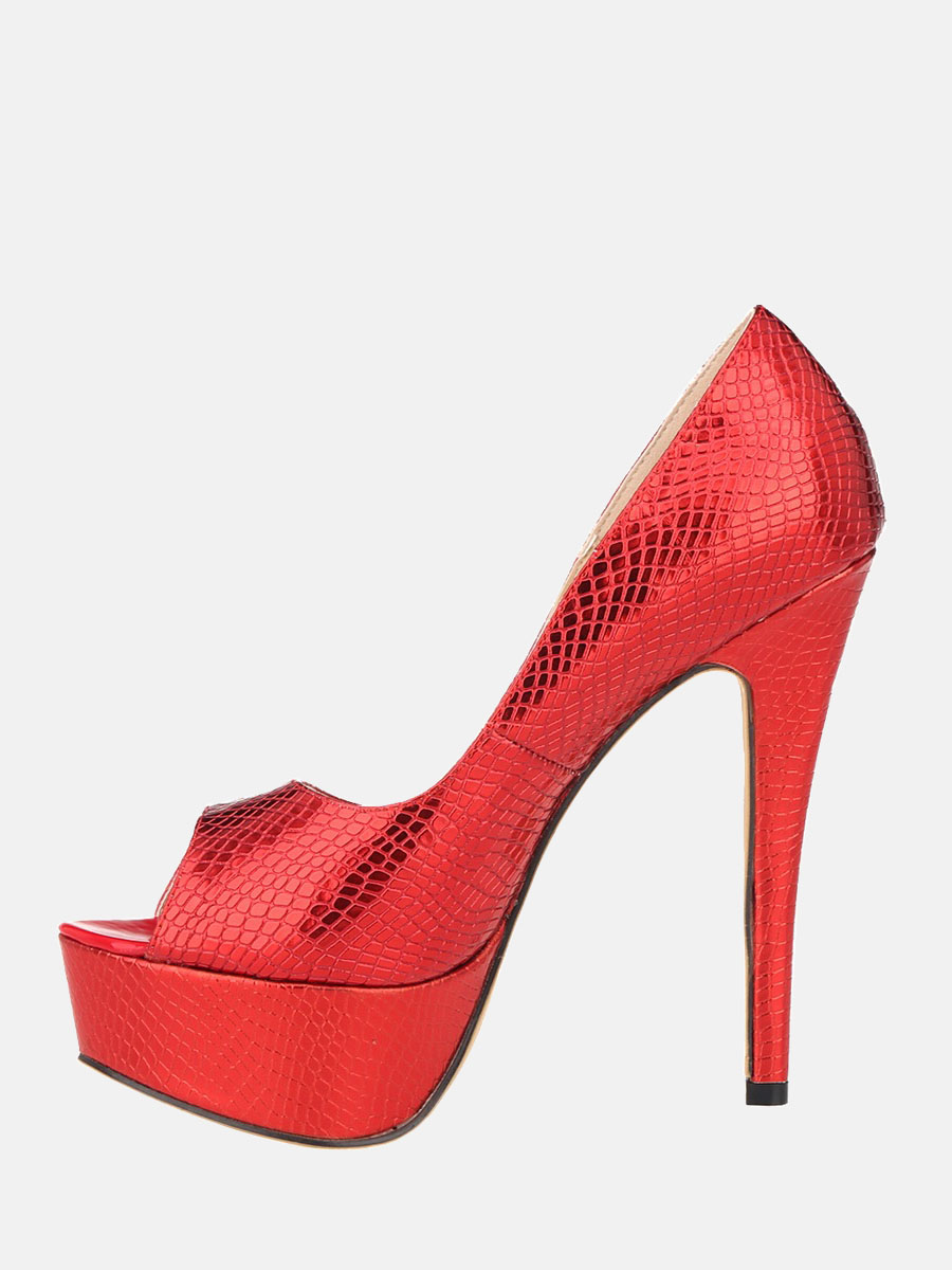 Women’s Red Patent PU Crocodile Embossed Peep Toe Platform Stiletto Heels Pumps