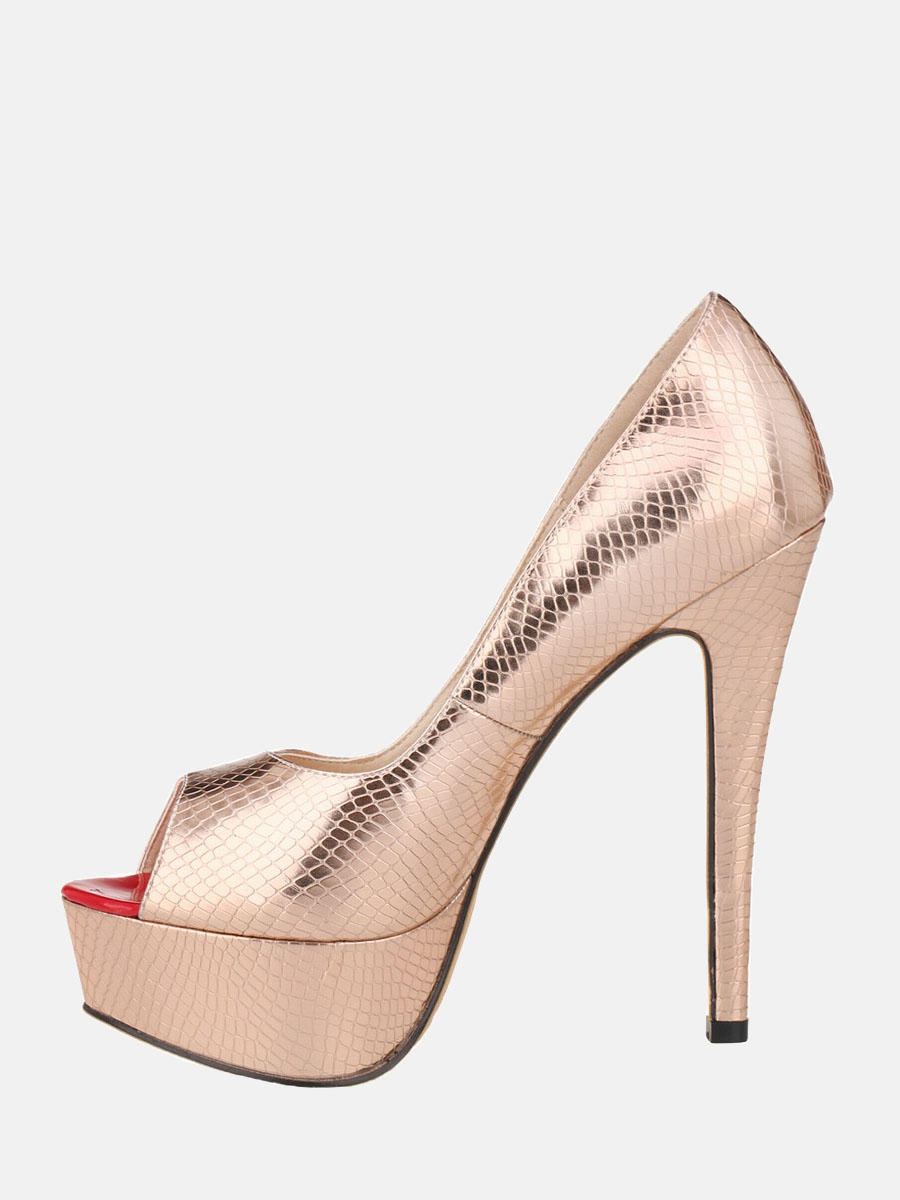 Women’s Rose Gold Patent PU Crocodile Embossed Peep Toe Platform Stiletto Heels Wedding Pumps