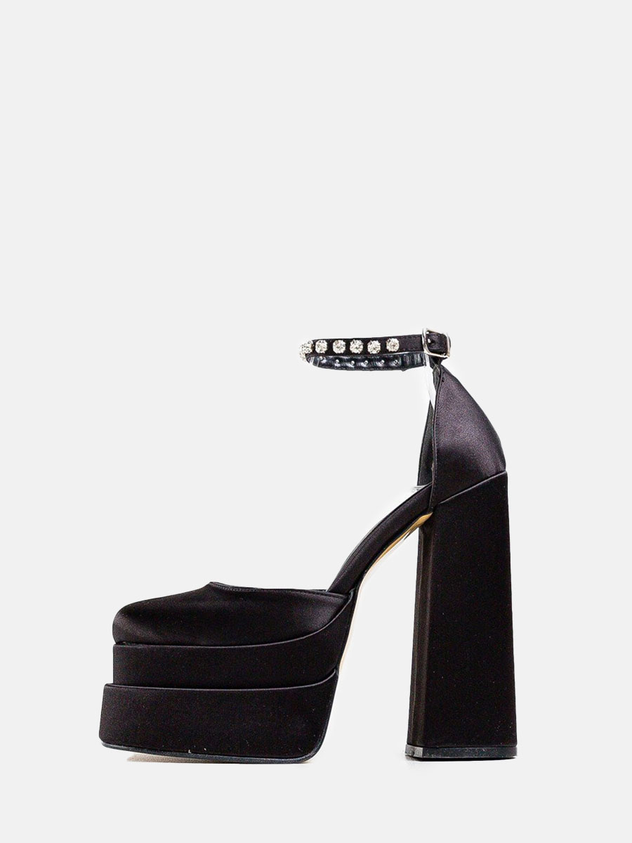 Women’s Satin Rhinestone Ankle Strap Buckle Platform Round Toe Chunky Heels