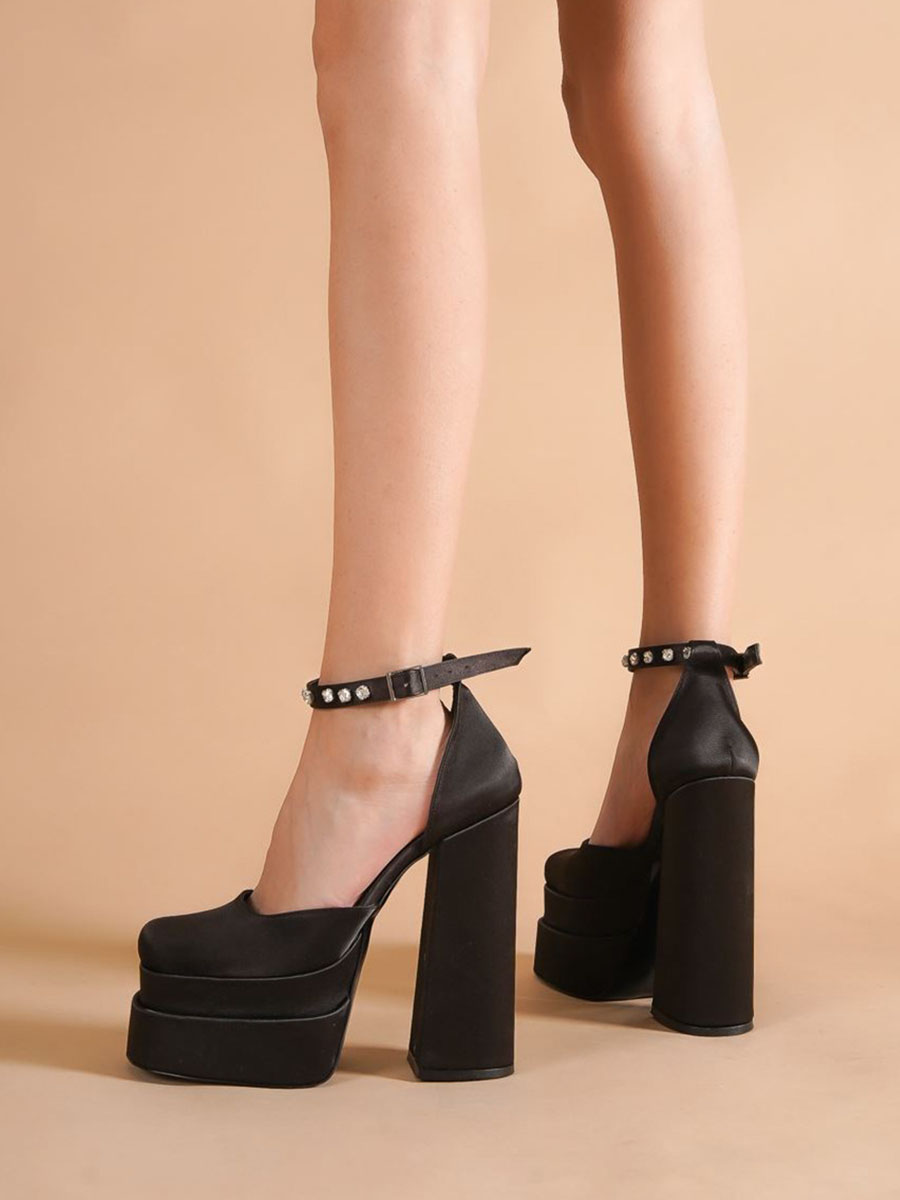Women’s Satin Rhinestone Ankle Strap Buckle Platform Round Toe Chunky Heels (2)