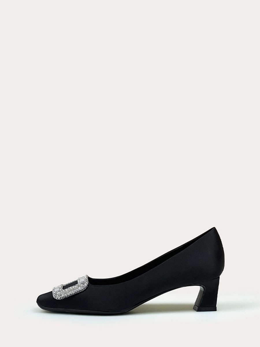 Women’s Satin Rhinestones Buckle Block Heels Square Toe Pumps