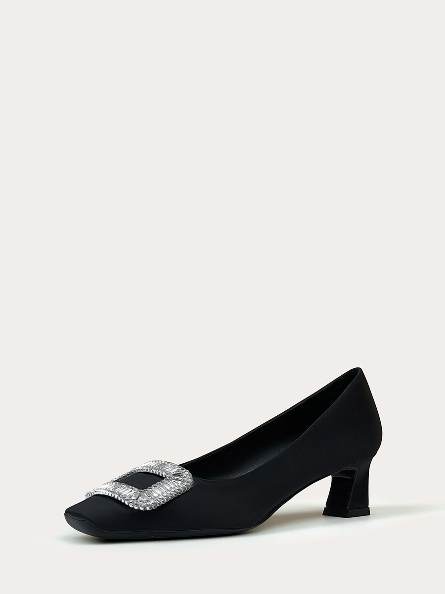 Women’s Satin Rhinestones Buckle Block Heels Square Toe Pumps (9)