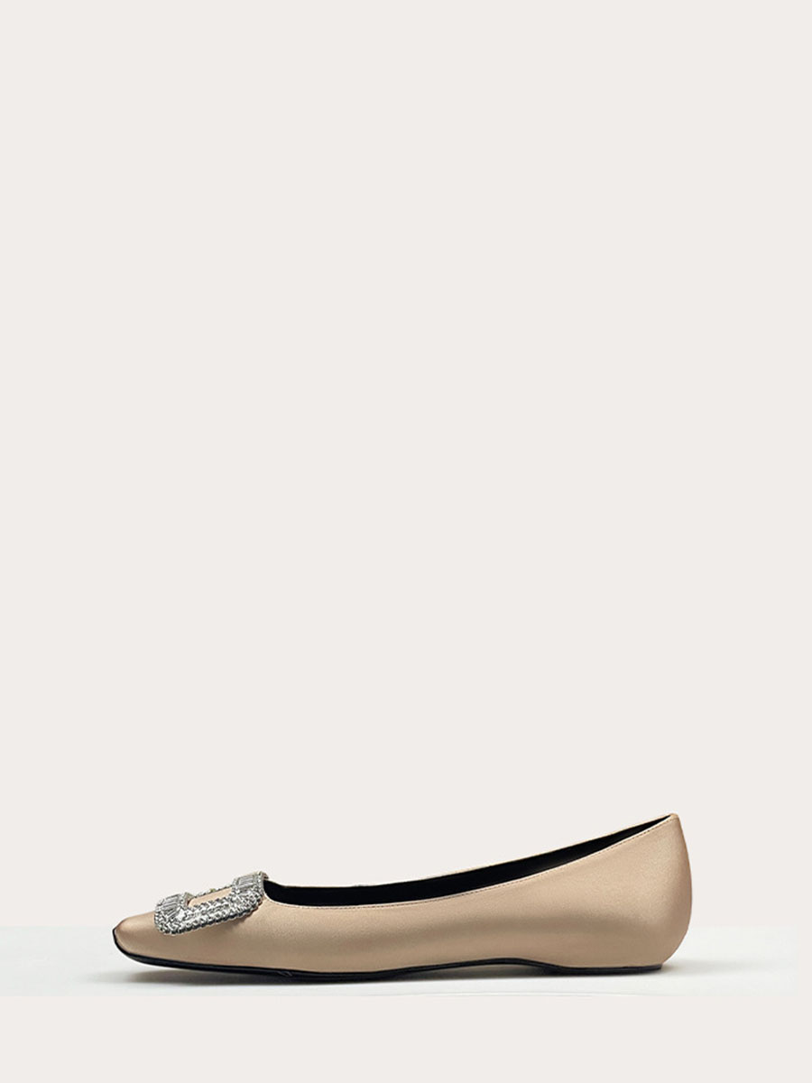 Women’s Satin Rhinestones Buckle Square Toe Flats Heels Pumps