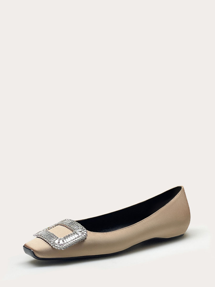 Women’s Satin Rhinestones Buckle Square Toe Flats Heels Pumps (8)
