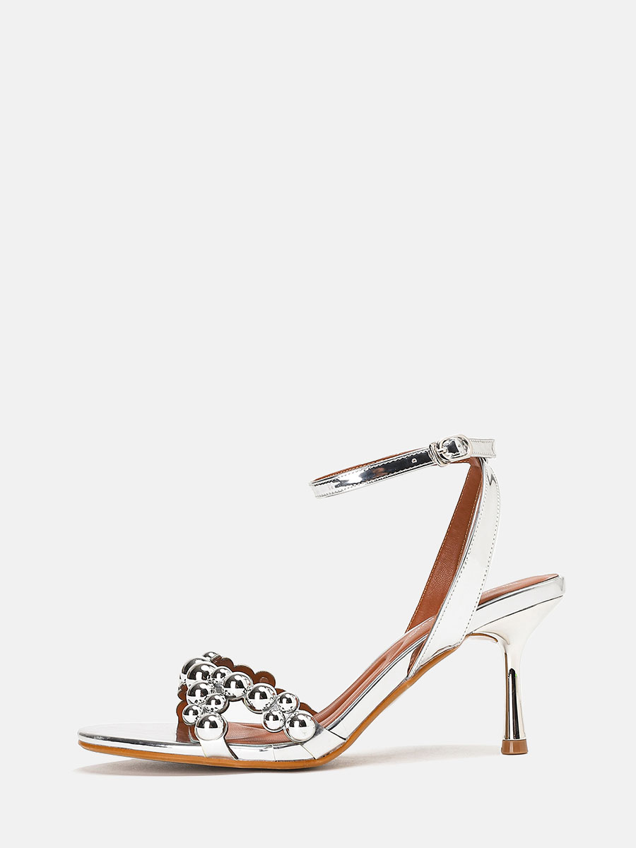 Women’s Silver Gloss Synthetic Ankle Strap Stiletto Heels Beaded Open Toe Sandals
