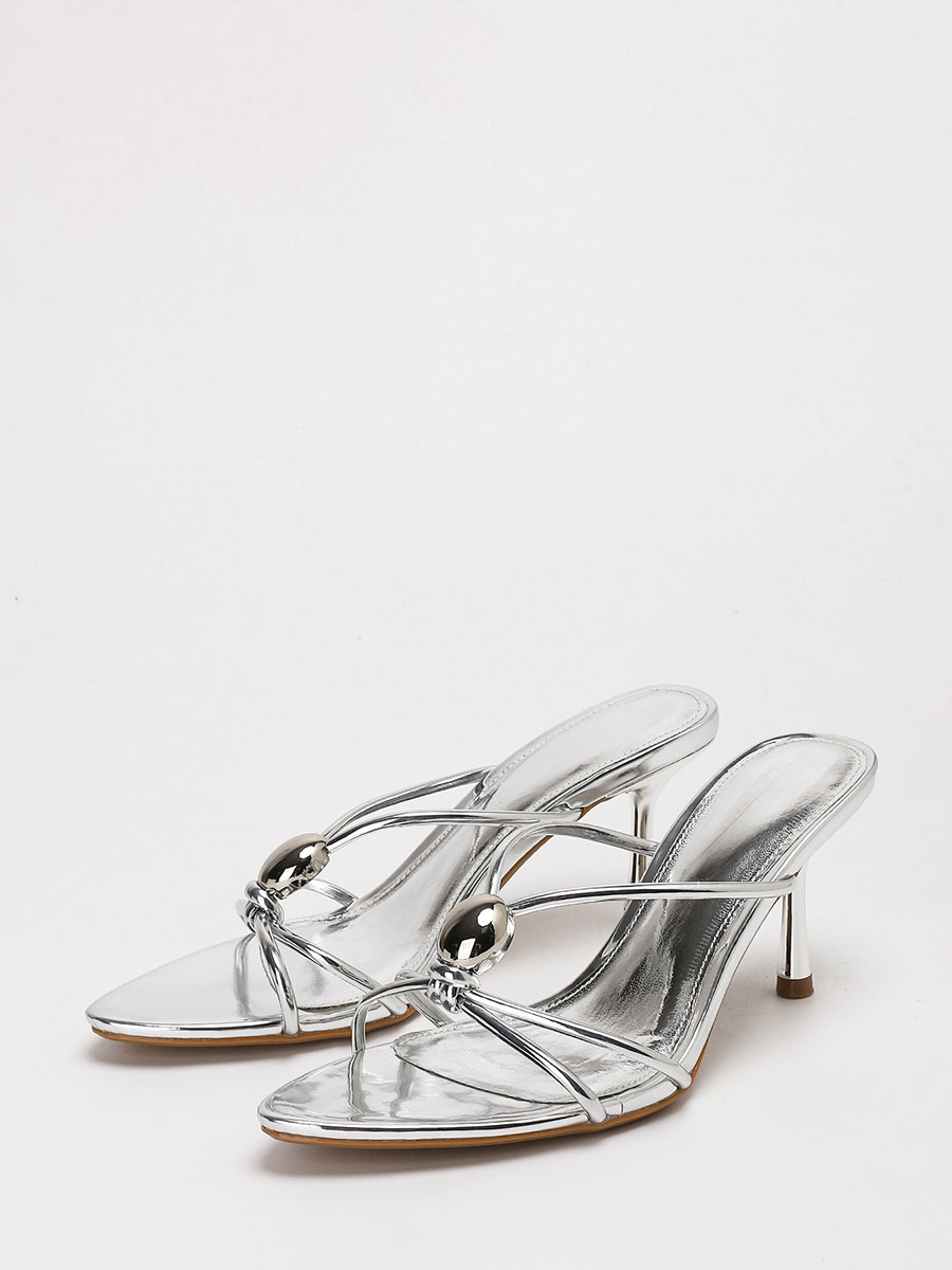 Women’s Silver Mirror Synthetic Leather Metal Design Cut-Out Stiletto Heels Open Toe Sandals (1)