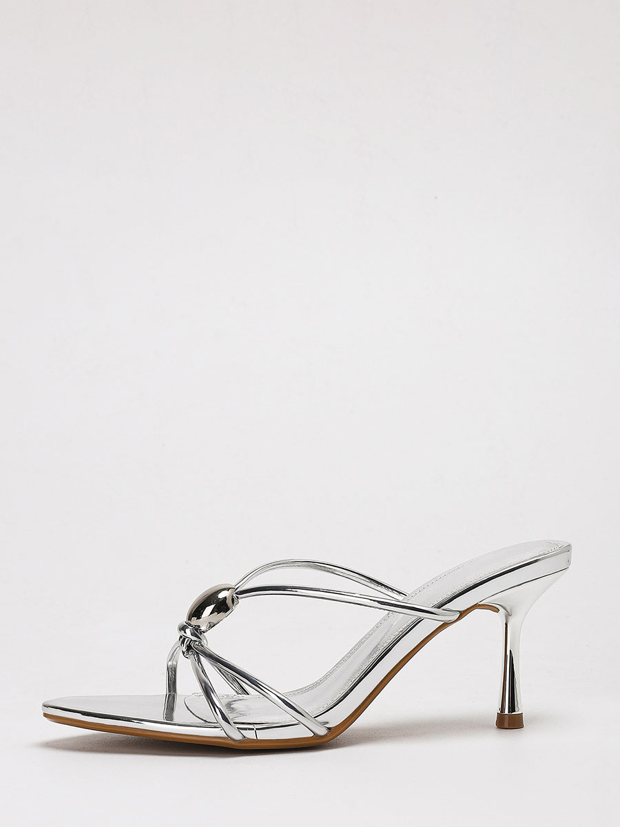 Women’s Silver Mirror Synthetic Leather Metal Design Cut-Out Stiletto Heels Open Toe Sandals